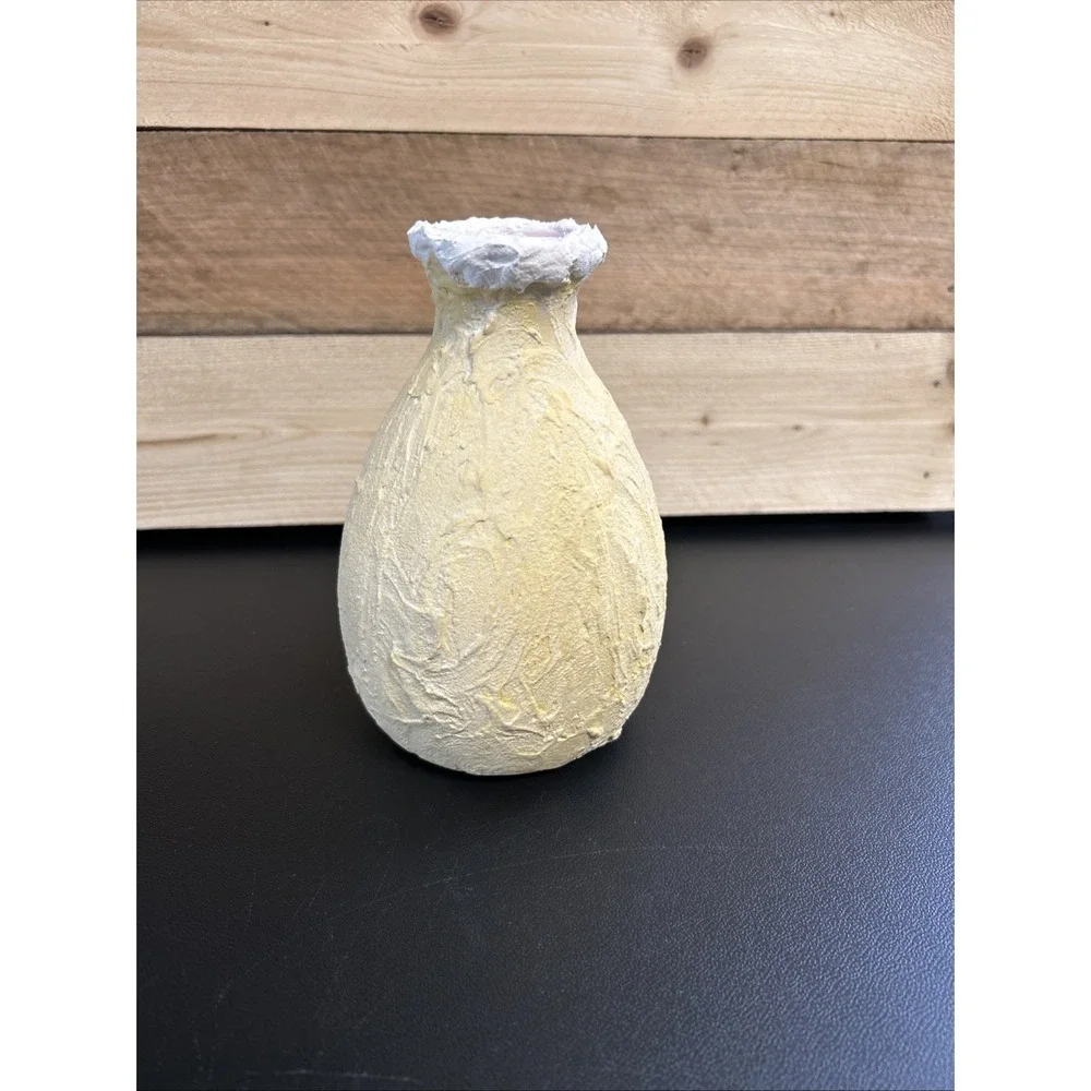 Quirky Revamped Ceramic Vase Rustic Primitive Textured Yellow Grunge Whimsical